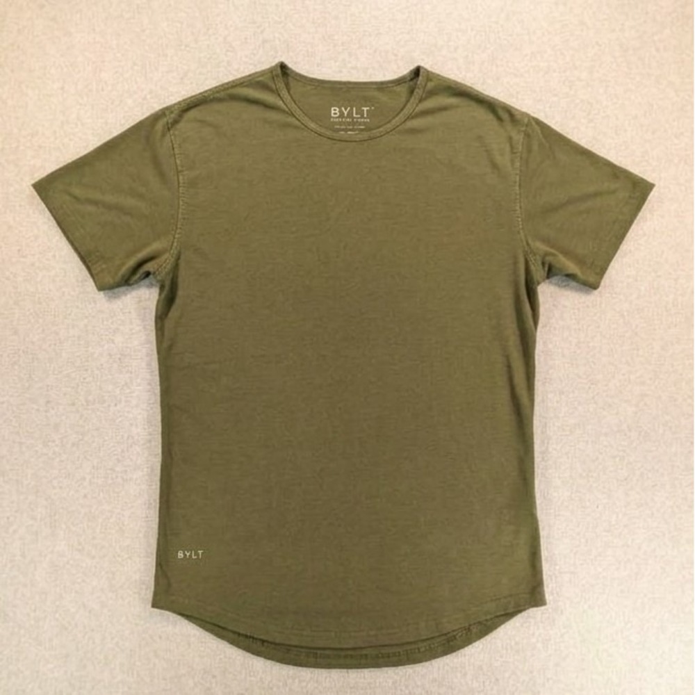 BYLT Premium Basics Drop Cut SS T-Shirt Mens Medium Olive Green Curved Hem
